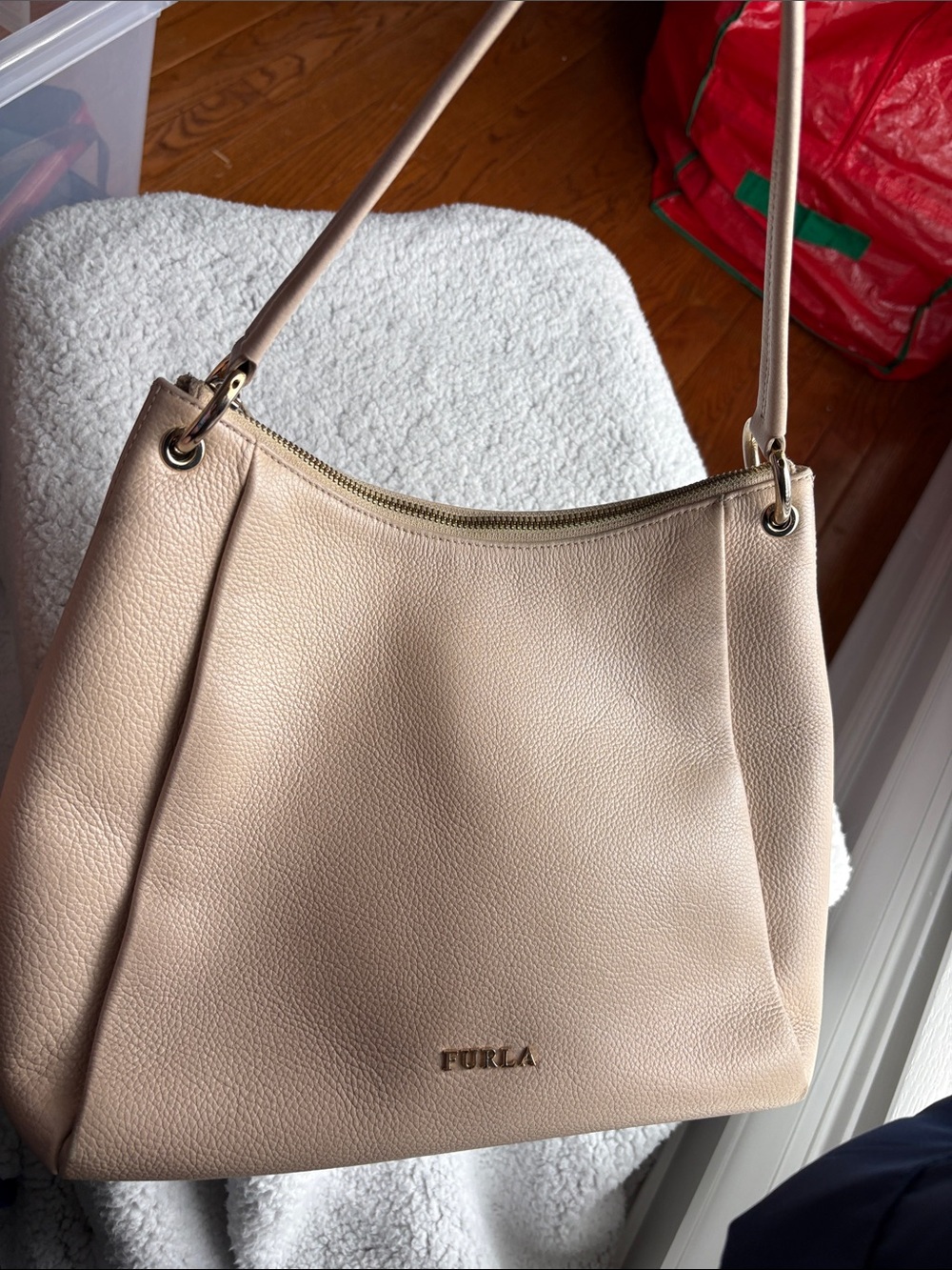 Furla Florence Hobo Pebbled Calfskin Leather Shoulder Bag Sand Beige/Moonstone